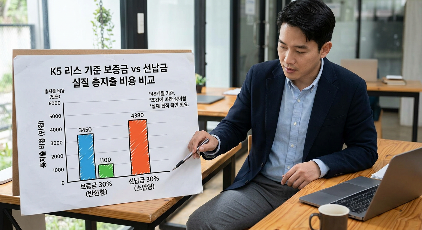 K5 기준 보증금 vs 선납금 실질 총지출 비용 비교 막대 그래프