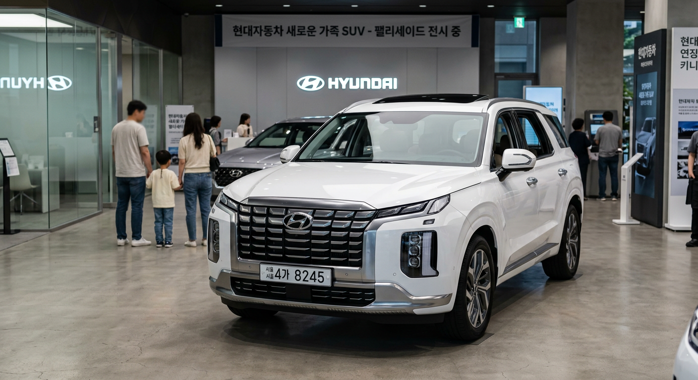 현대자동차 전시장에 전시된 최신형 SUV 패밀리카의 세련된 전면부 모습
