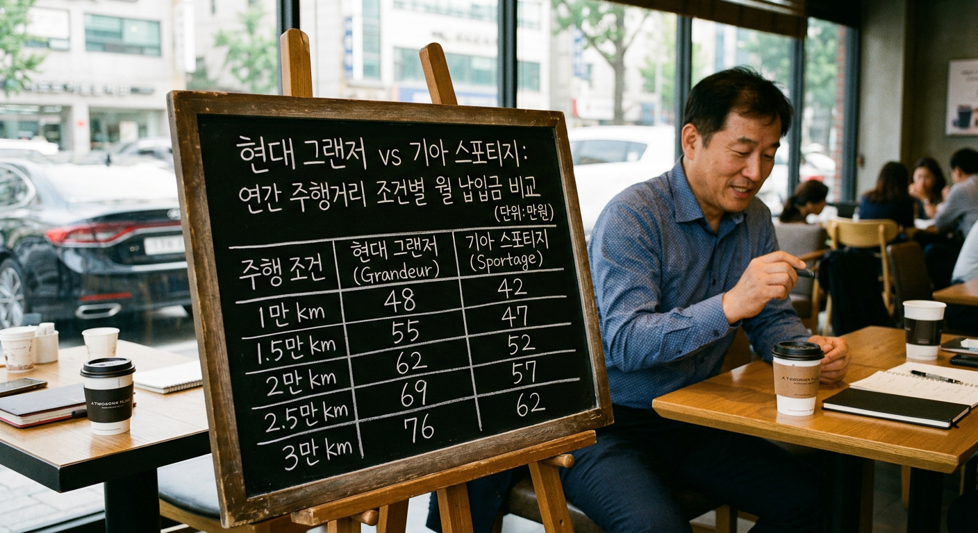 스포티지 및 그랜저의 연간 주행거리 조건별 월 납입금 비교 차트