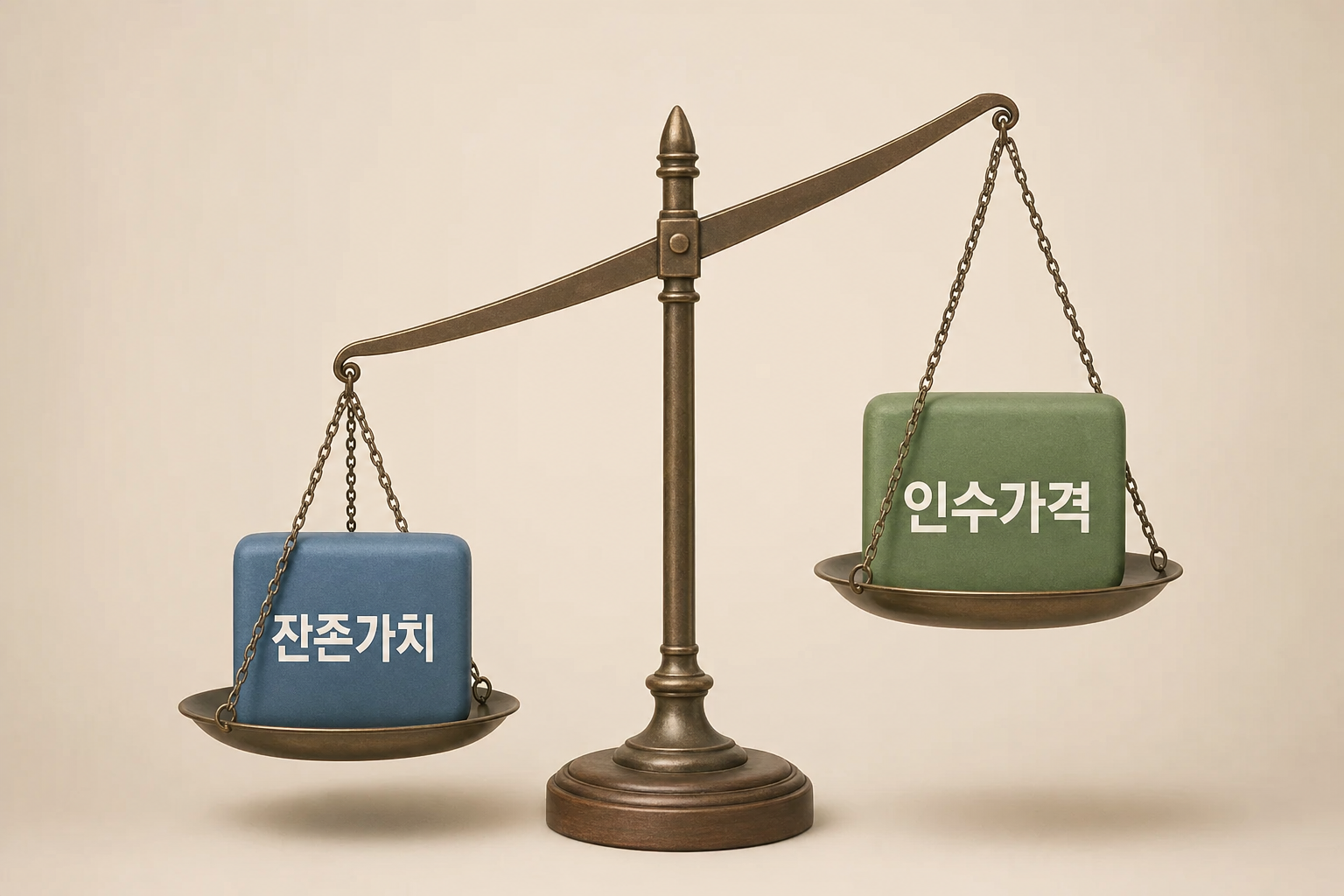 잔존가치와 인수가격의 상관관계를 단순한 저울 그래픽으로 표현한 일러스트