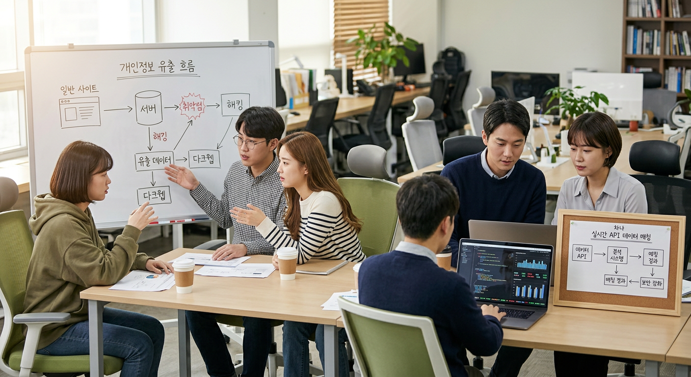 일반 사이트의 개인정보 유출 흐름과 차나와의 실시간 API 데이터 매칭 흐름 비교