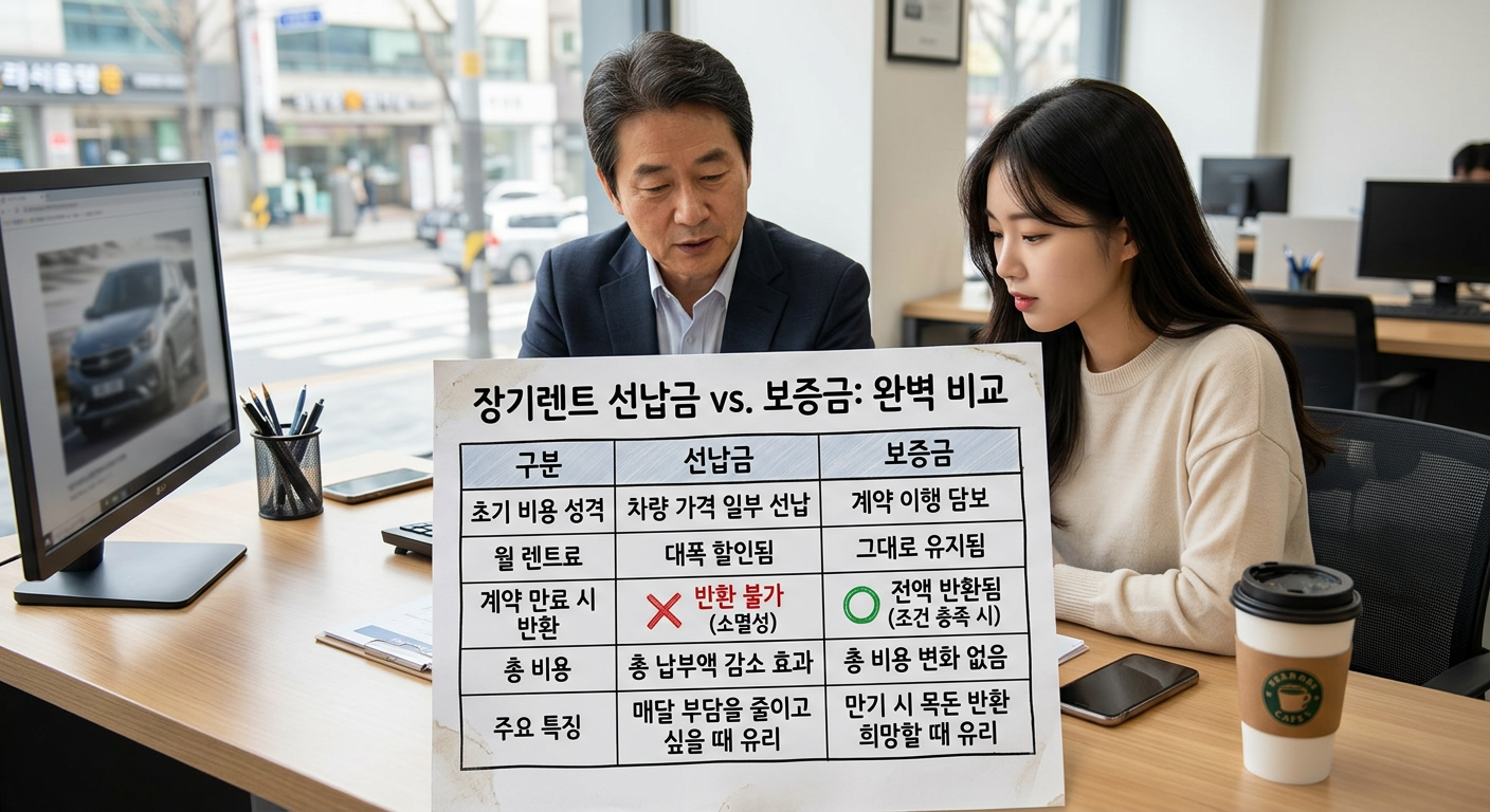 장기렌트 선납금과 보증금의 개념 및 반환 여부 비교 도표
