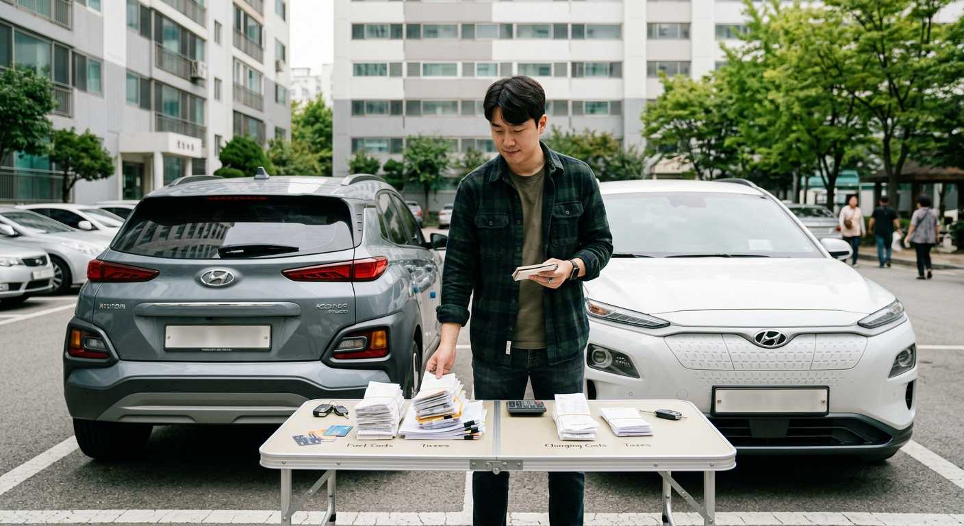 코나 가솔린 1.6 터보와 코나 일렉트릭의 6개월 누적 연료비 및 세금 비교 막대그래프