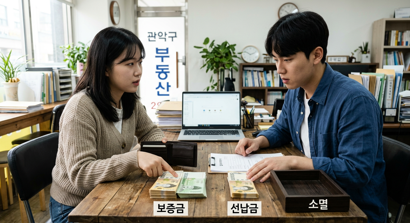 보증금과 선납금의 자금 흐름 비교, 만기 시점에 보증금은 내 지갑으로 돌아오고 선납금은 소멸하는 과정 도식화