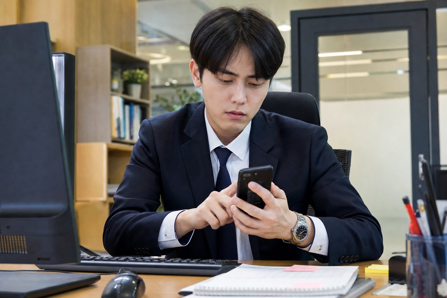 스마트폰으로 서비스센터 예약을 조회하는 바쁜 직장인의 일상적인 모습