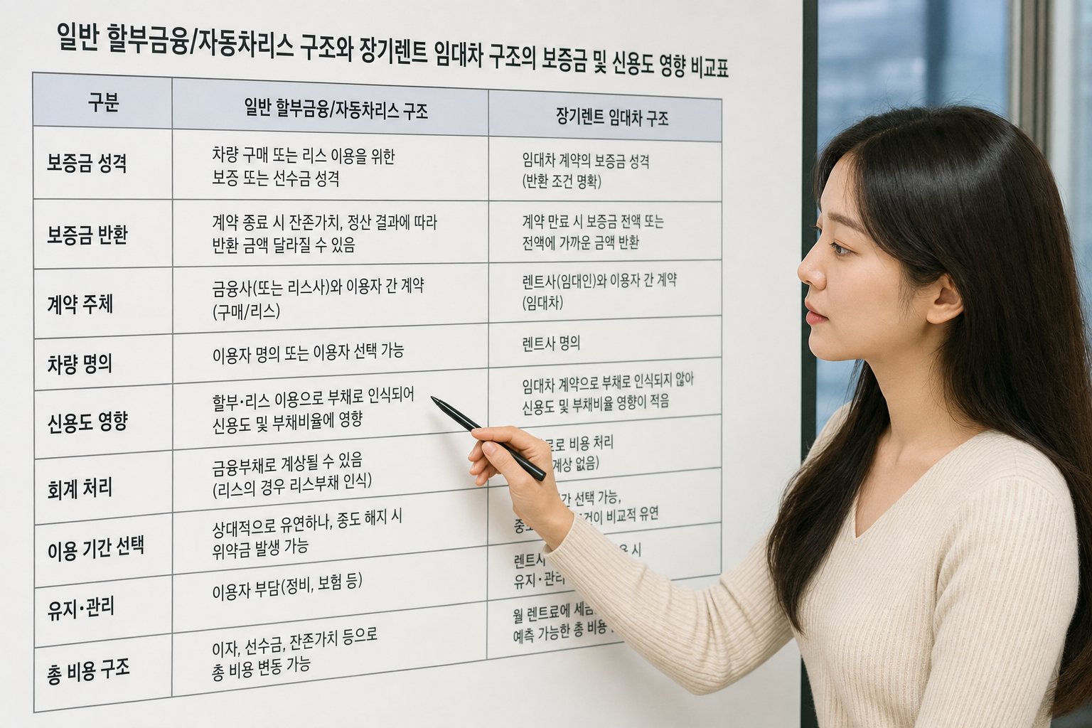 일반 할부금융/자동차리스 구조와 장기렌트 임대차 구조의 보증금 및 신용도 영향 비교표