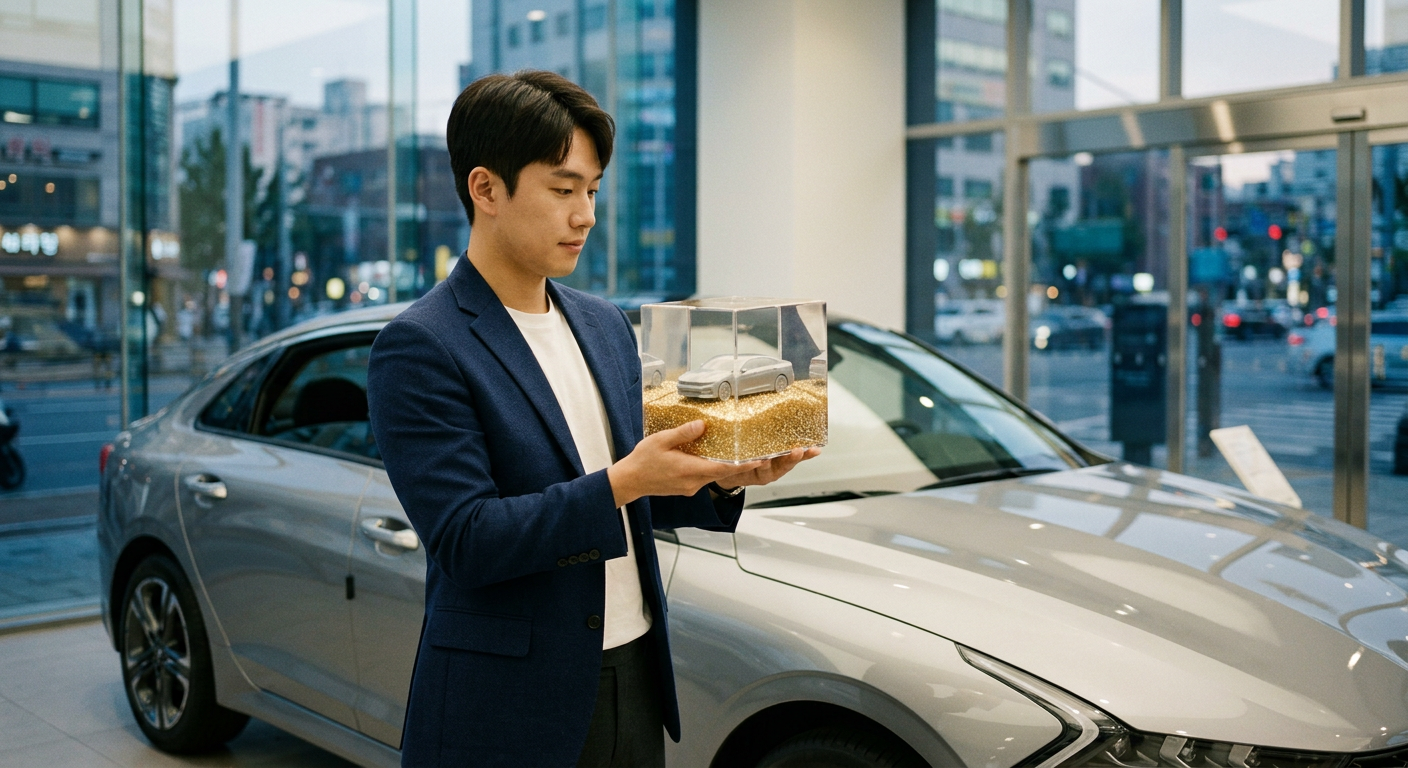 자동차 금융 잔존가치 개념을 설명하기 위해, 새 차량의 가치 중 일부가 계약 만료 후에도 그대로 보존되는 모습을 나타낸 직관적인 일러스트