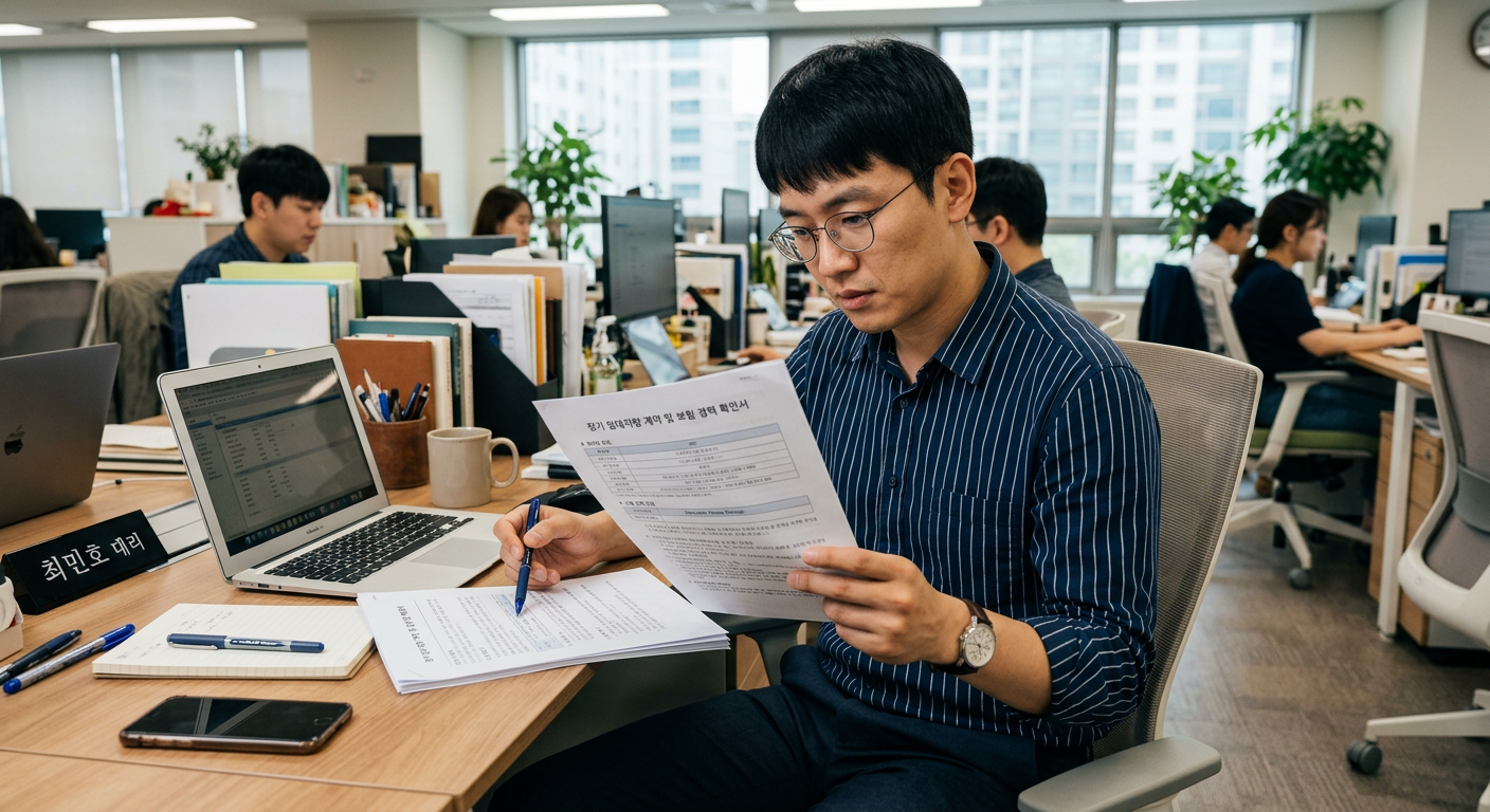 30대 직장인이 사무실에서 장기 임대 차량 계약 시 보험 경력 관련 주의사항을 검토하는 장면
