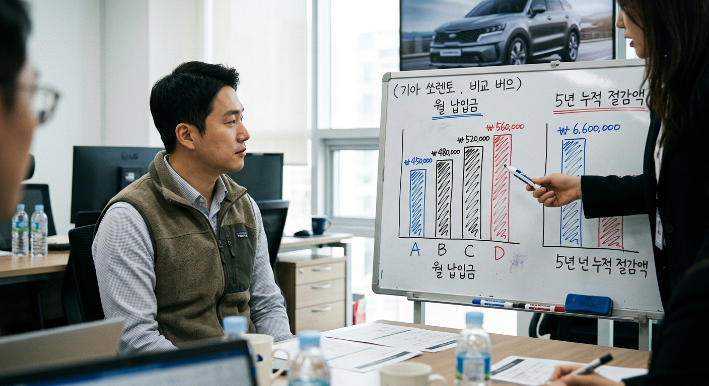 동일한 쏘렌토 차량에 대해 캐피탈사별 월 납입금 차이와 5년 누적 절감액을 보여주는 비교 막대그래프