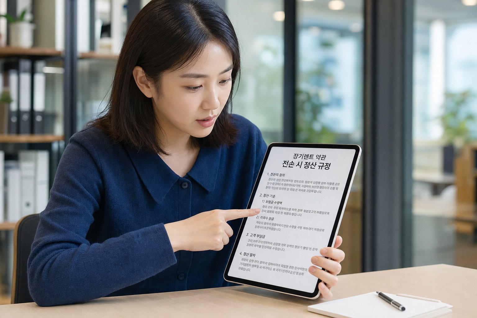 태블릿 PC를 보며 장기렌트 약관의 '전손 시 정산 규정'을 꼼꼼하게 손가락으로 짚어가며 확인하는 마케터의 모습 장기렌트카 전손 처리