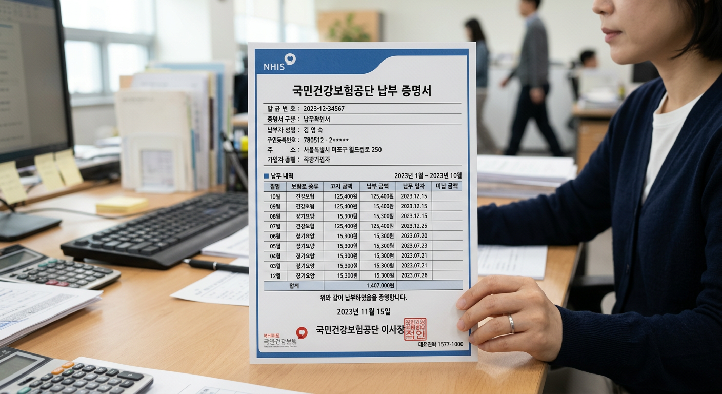 파란색 바탕의 깨끗한 디자인으로 표현된 국민건강보험공단 납부 증명서 서식 이미지 무직자 장기렌트 조건