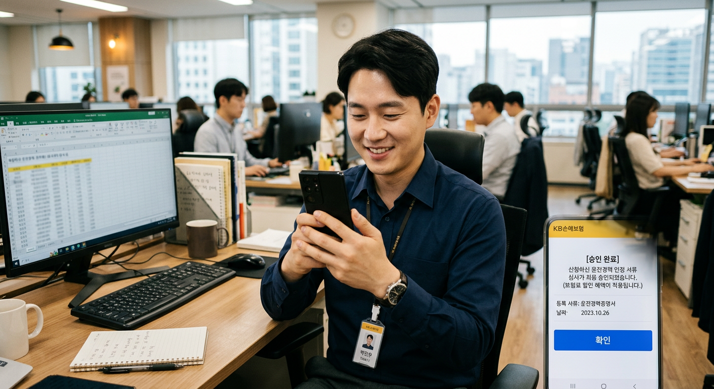 직장인이 스마트폰으로 보험사 전산망에 운전경력 인정 서류를 등록하고 모바일 화면으로 승인 완료 메시지를 확인하는 장면 장기렌트 보험경력 인정