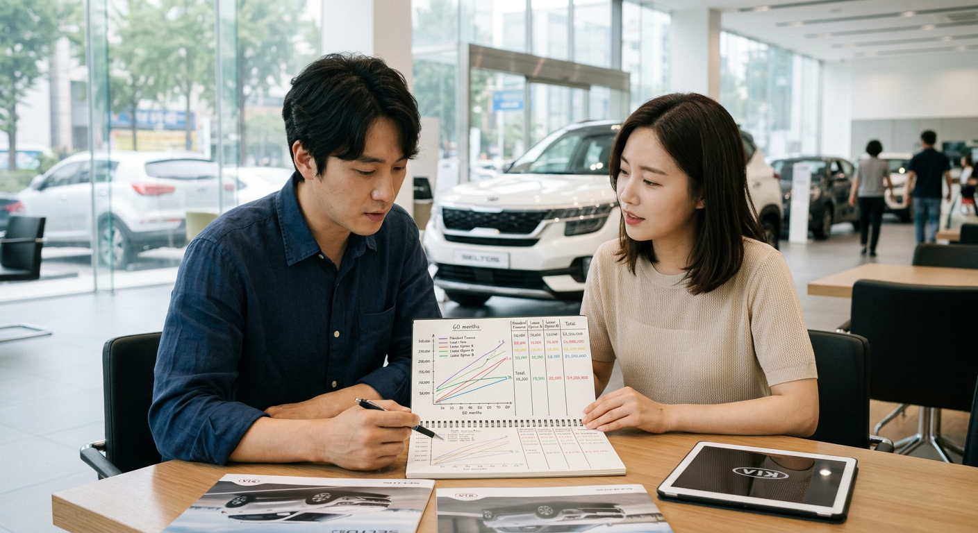 셀토스 1.6 가솔린 터보 프레스티지 모델의 실제 60개월 조건별 월 대여료 및 총비용 흐름 비교 그래프 셀토스 장기렌트 가격