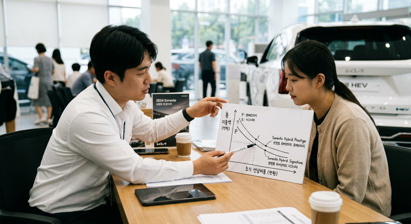 쏘렌토 하이브리드 트림별(프레스티지, 시그니처) 초기 선납비용에 따른 총 지출액 변화 곡선 쏘렌토 장기렌트 선납금