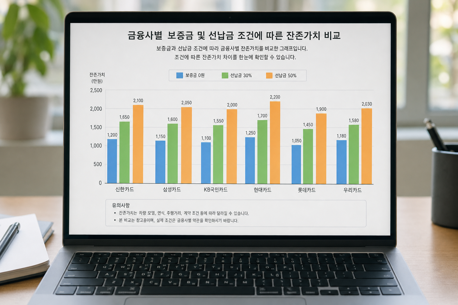 노트북 화면에 띄워진 금융사별 보증금 및 선납금 조건에 따른 잔존가치 비교 그래프 개인사업자 리스 부가세환급