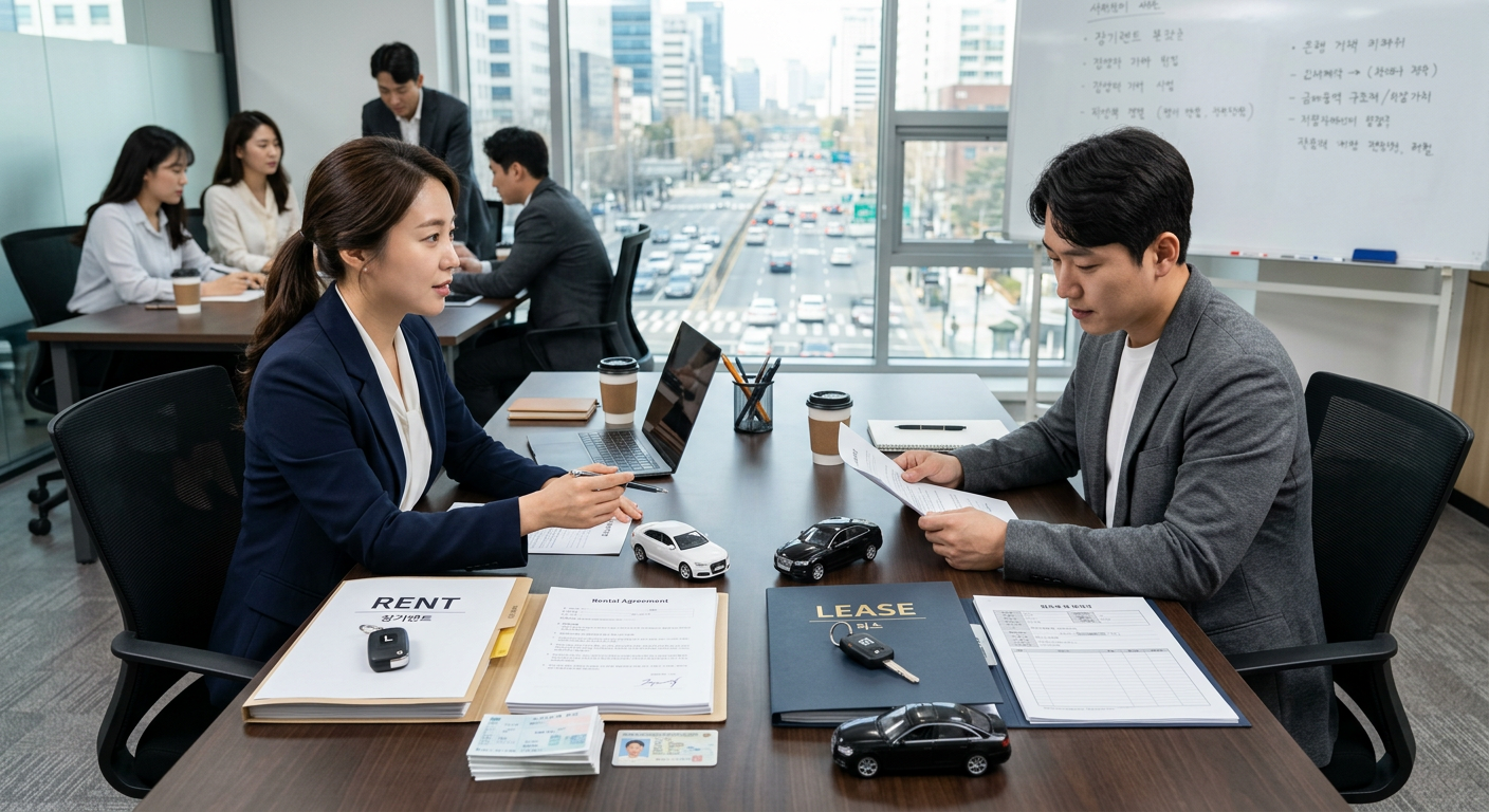 장기렌트와 자동차리스의 금융 구조적 차이를 나타내는 세련된 레이아웃의 비교 도표 제네시스 G70 장기렌트