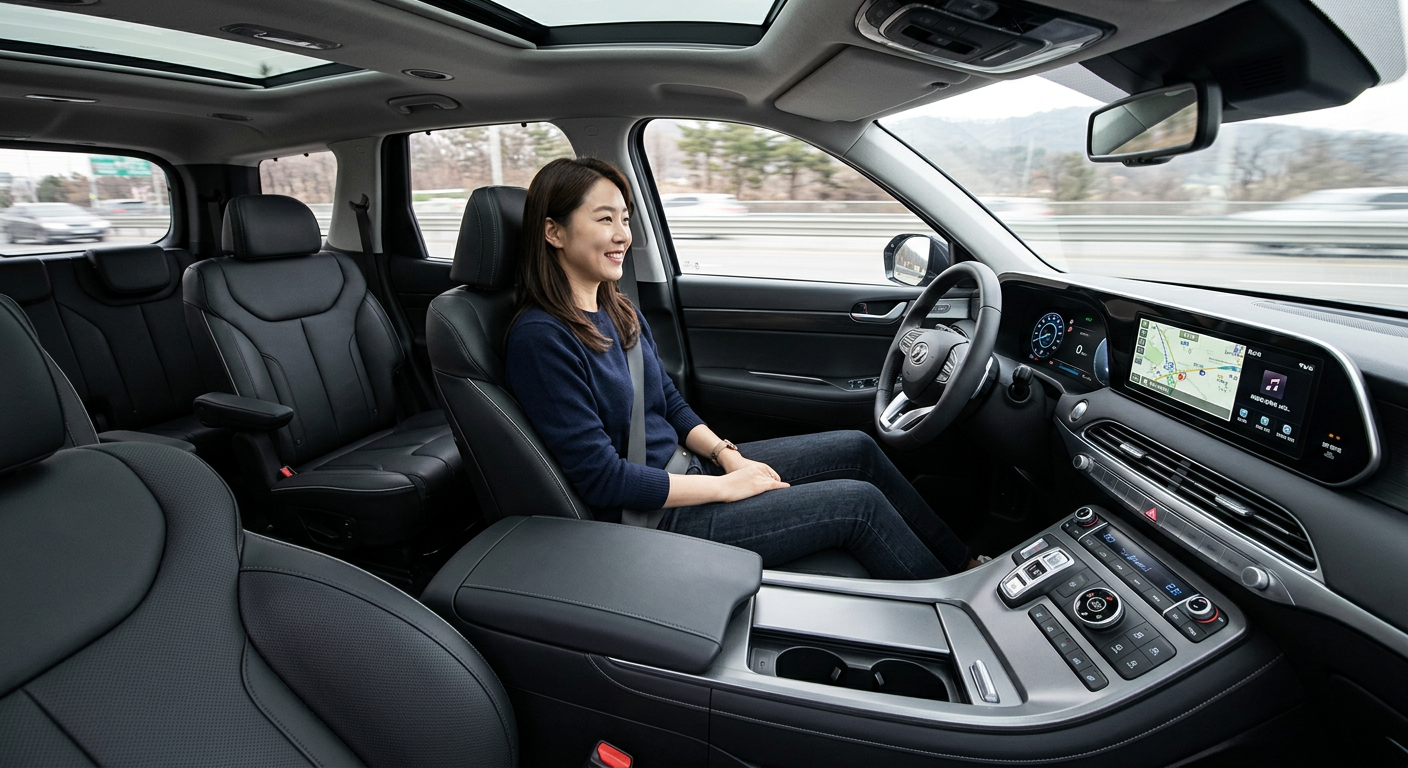 대형 SUV 내부의 넓은 레그룸과 첨단 디지털 클러스터 인테리어 구조 팰리세이드 하이브리드 장기렌트