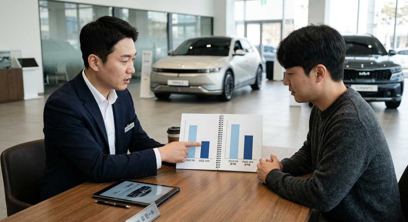 선납금 0%와 30%의 매월 납입금 차이 및 4년 총비용 비교 막대그래프 카니발 장기렌트 선납금