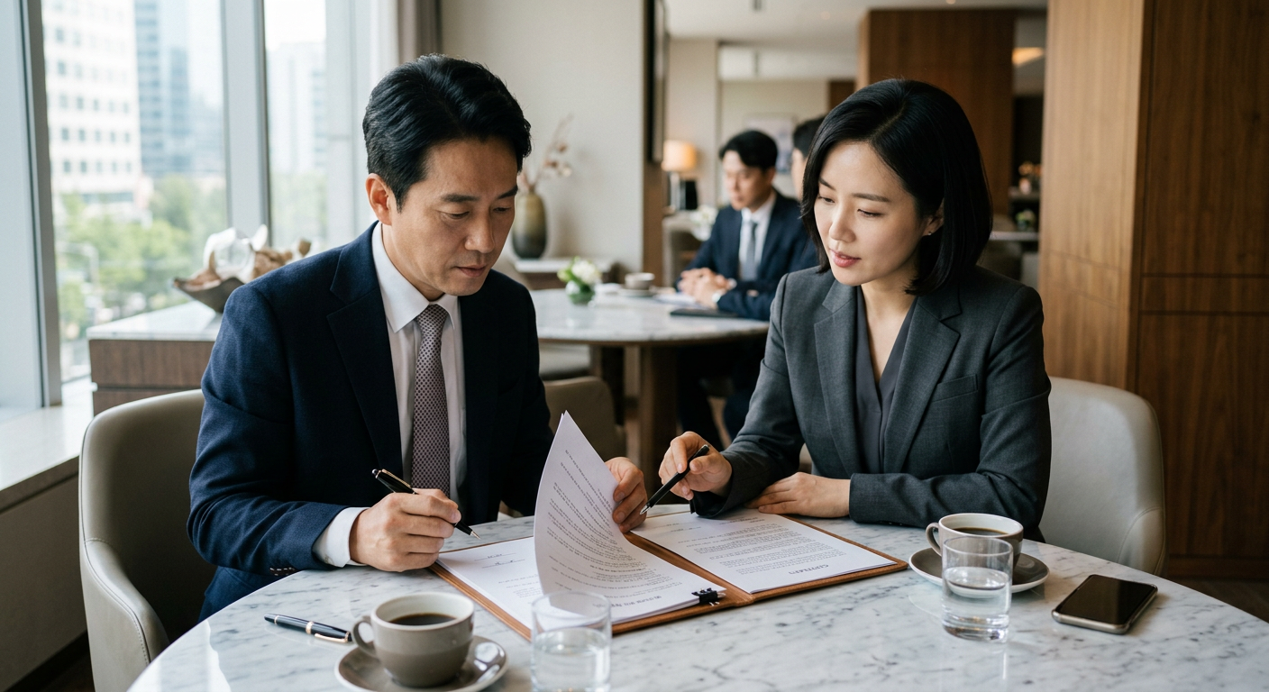대리석 테이블 위에서 비즈니스 파트너 두 명이 계약 조항을 검토하며 차분한 분위기 속에 서명 준비를 하는 장면 제네시스 G80 장기렌트