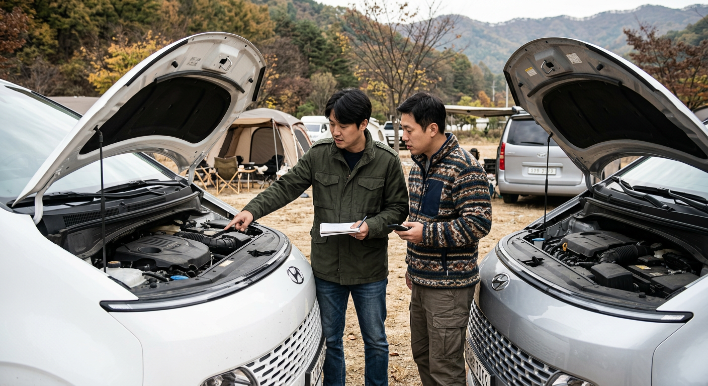 스타리아 디젤 엔진과 LPi 엔진의 토크, 연비, 주행 소음 데시벨 및 캠핑 적합도 비교 분석표