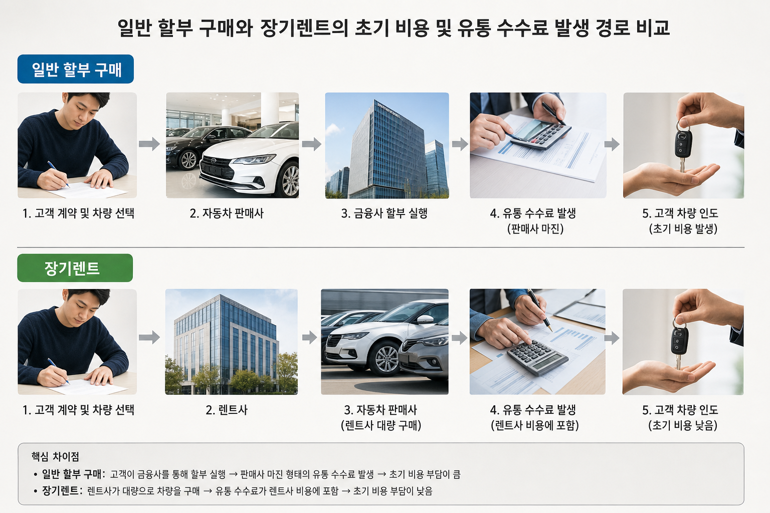 일반 할부 구매와 장기렌트의 초기 비용 및 유통 수수료 발생 경로 비교 도식