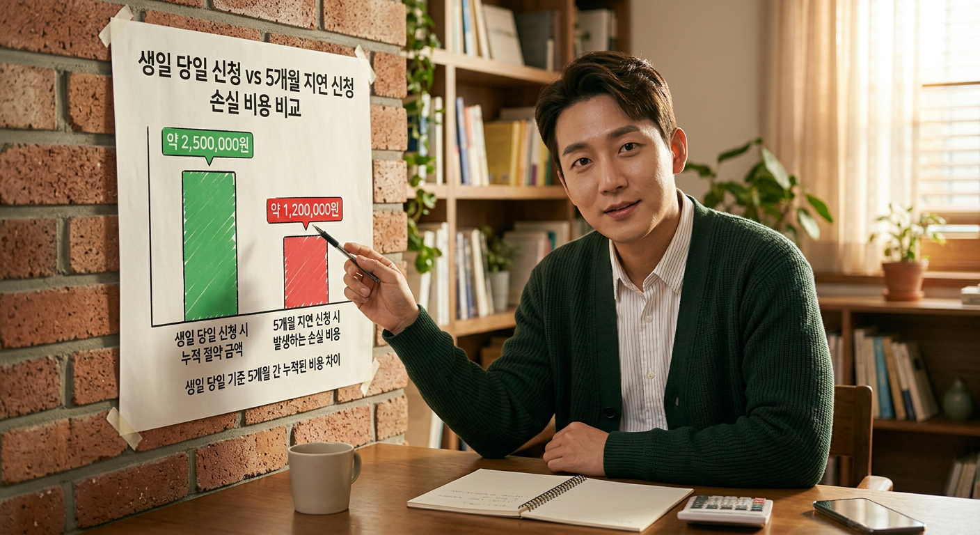 생일 당일 신청 시 누적 절약 금액과 5개월 지연 신청 시 발생하는 손실 비용 비교 그래프 장기렌트 만 26세