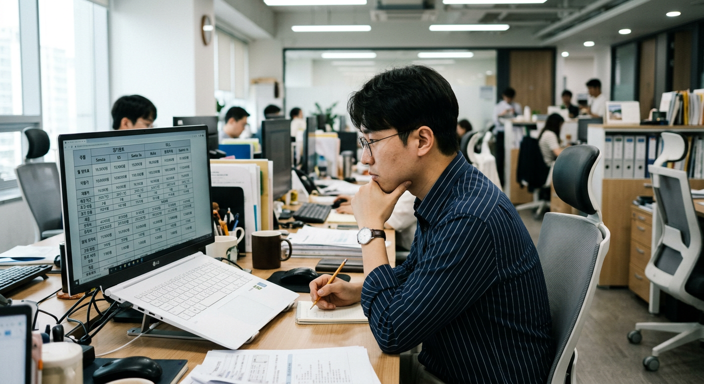 30대 직장인이 사무실에서 노트북 화면의 장기렌트와 리스 견적 비교표를 꼼꼼히 살피는 모습 BMW 3시리즈 장기렌트