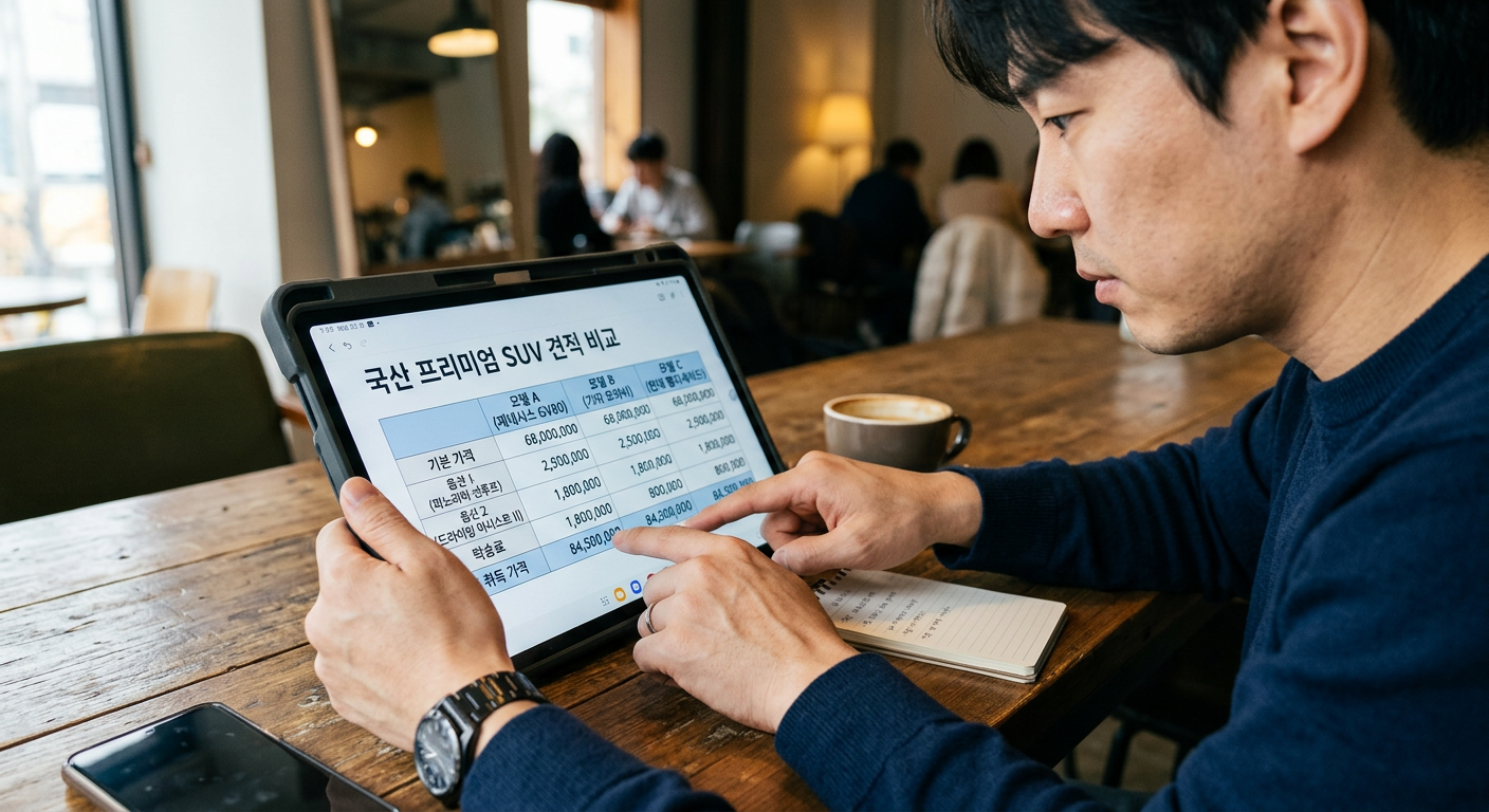 태블릿 PC 화면으로 국산 프리미엄 SUV 차량 견적을 상세하게 비교해 보고 있는 30대 남성의 손 제네시스 GV70 장기렌트