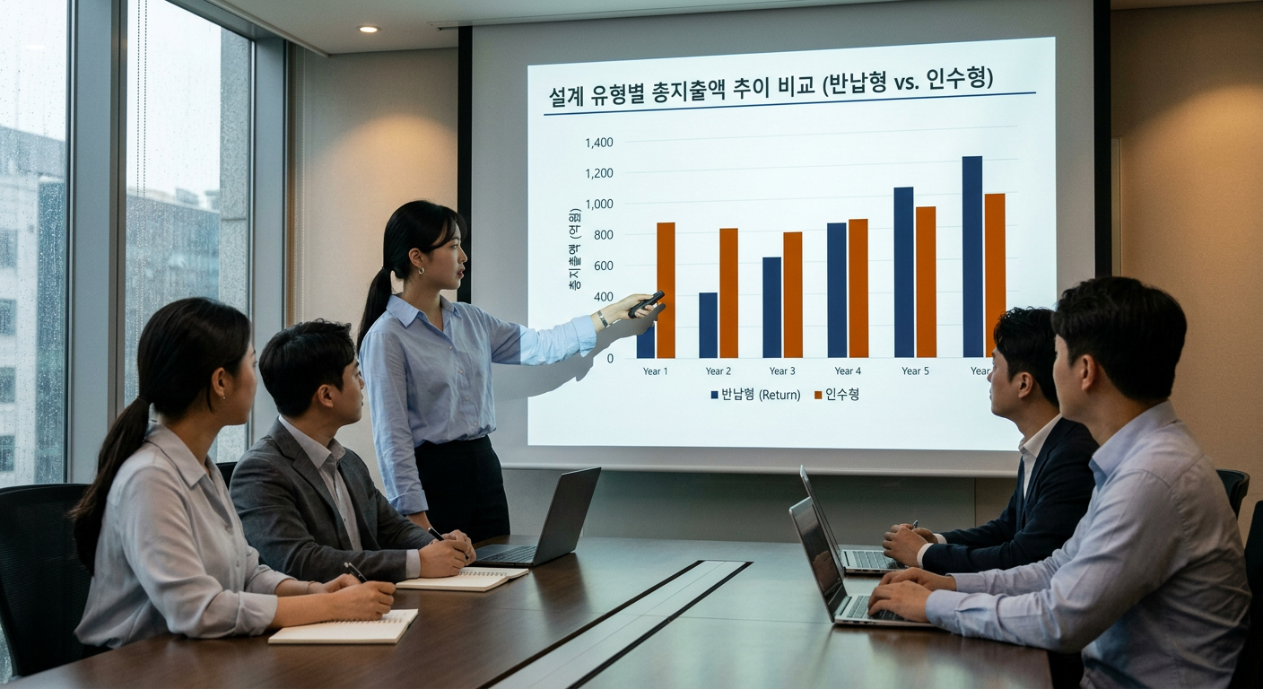 반납형 설계와 인수형 설계 시 발생하는 총지출액 추이 비교 막대그래프 카니발 장기렌트 가격