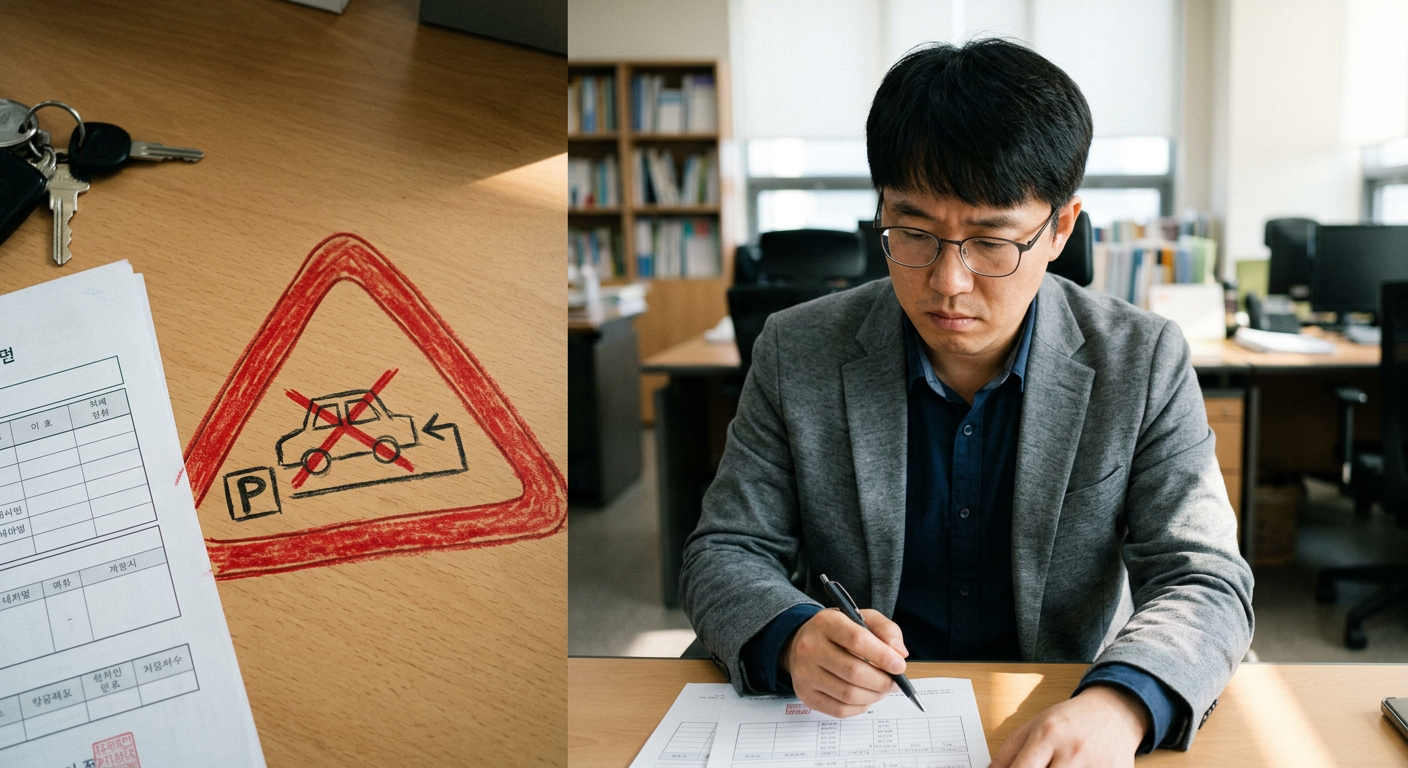 붉은색 경고 아이콘과 함께 자동차 계약서 및 중도 반납을 연상시키는 그래픽 일러스트 그랜저 하이브리드 장기렌트