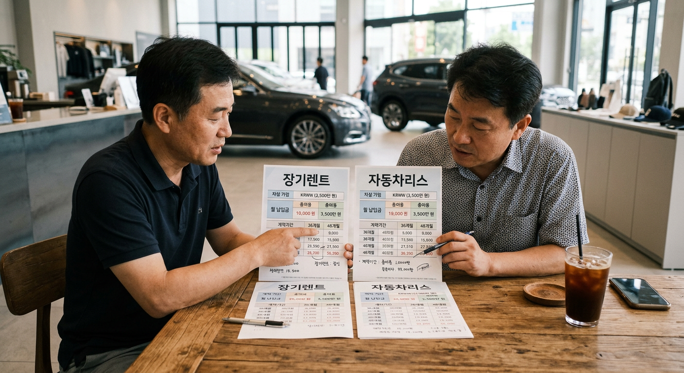 동일 차량가 3,500만 원 기준, 장기렌트와 자동차리스의 조건별 월 납입금 및 총비용 비교 구조도