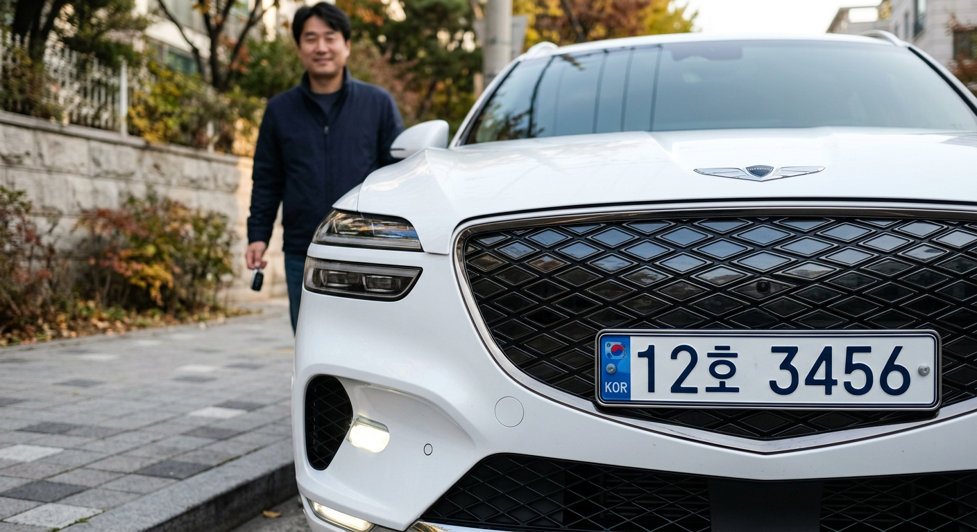 GV70 전기차 전면부 및 '하, 허, 호' 번호판 영역 밀착 컷
