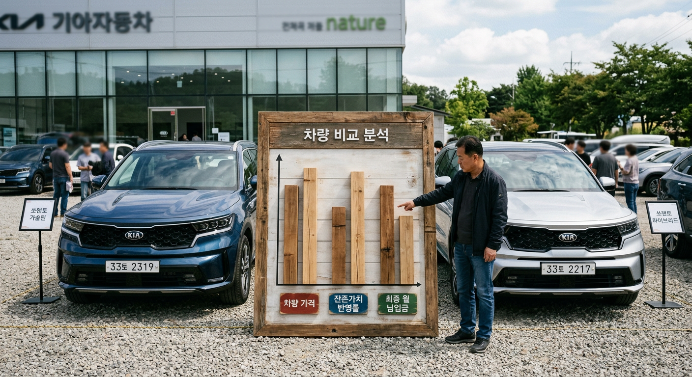 쏘렌토 가솔린과 하이브리드 모델의 차량 가격, 잔존가치 반영률, 그리고 최종 월 납입금을 한눈에 비교한 막대그래프 쏘렌토 장기렌트 가격