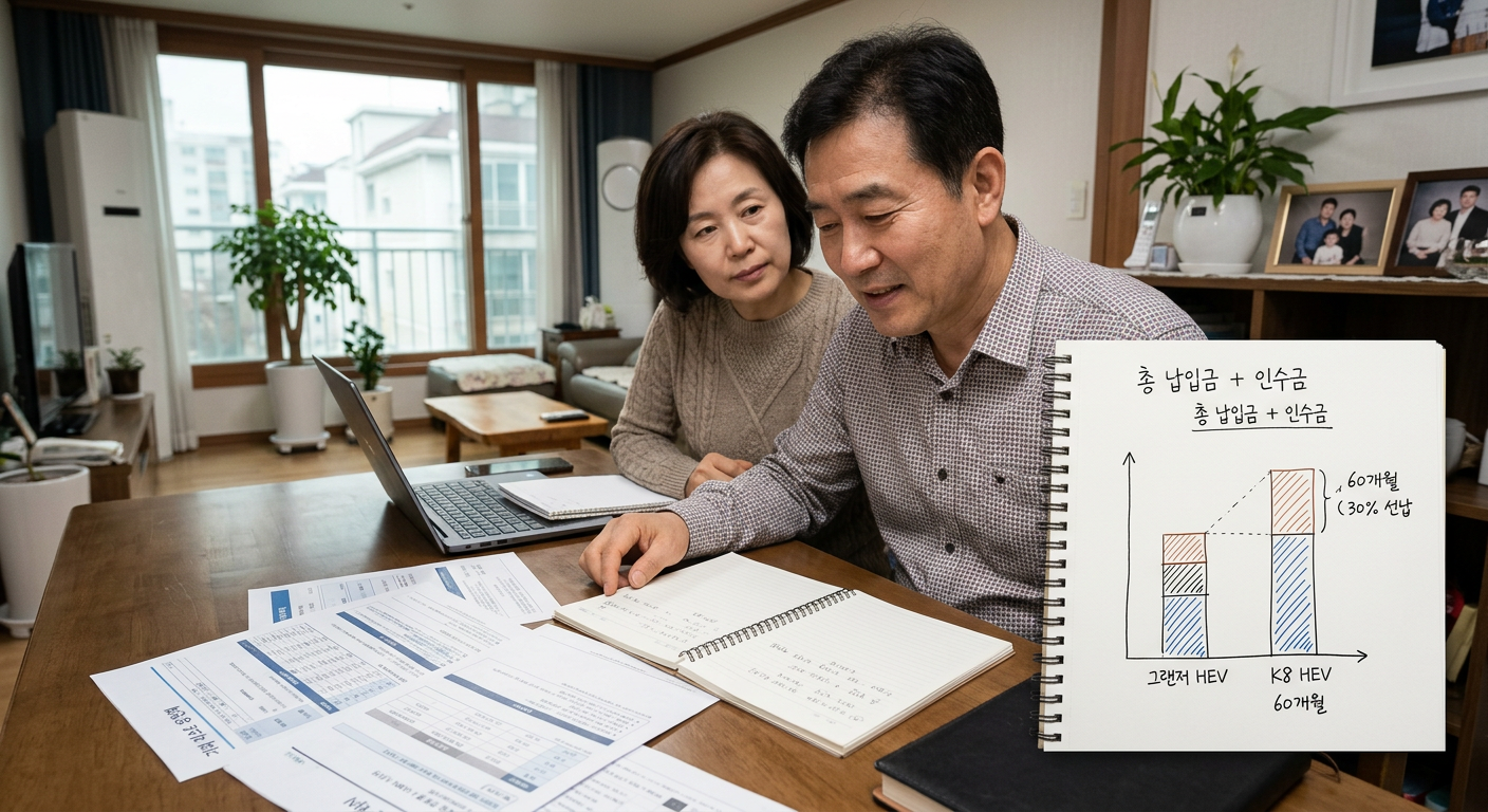 보증금 30% 선납 기준, 그랜저와 K8 하이브리드의 60개월간 누적 납입금 및 만기 인수가 총합 비교 그래프 그랜저 K8 장기렌트