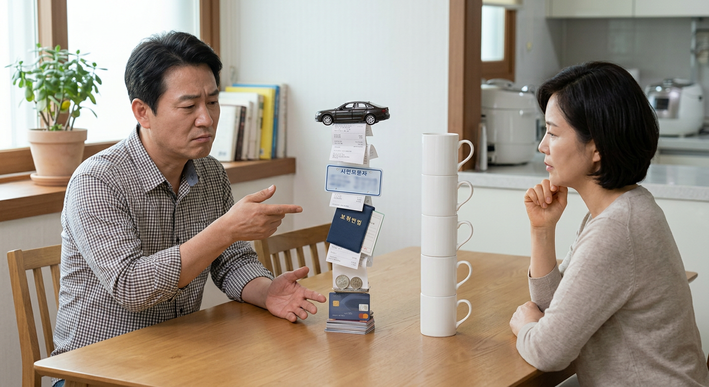 일반 할부 구매 시의 누적 지출 항목들과 장기렌트의 단일 월 납입금 구조를 직관적으로 비교한 막대그래프 KGM 렉스턴 장기렌트