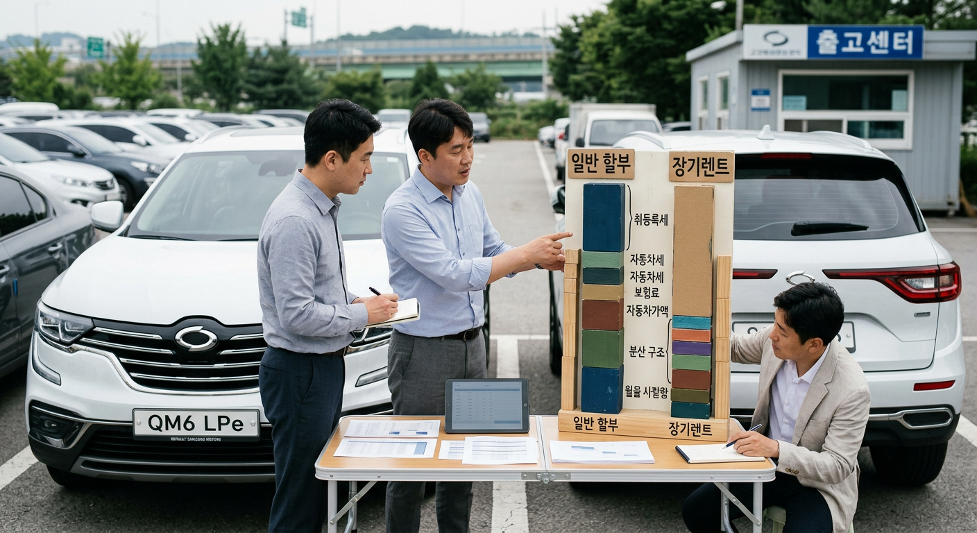 QM6 LPe 일반 할부 구매 시 세금 부담과 장기렌트 이용 시 분산 구조를 시각화한 비교 막대 그래프 QM6 LPG 장기렌트