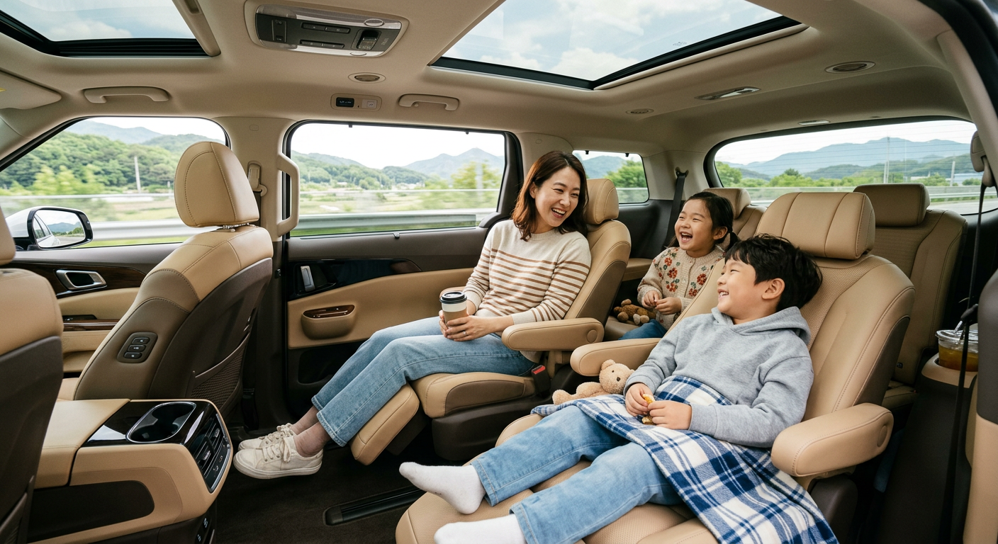 쾌적하고 넓은 카니발 하이브리드 내부 2열 리클라이닝 시트에 편안하게 앉아 여행을 즐기는 가족들의 웃는 모습 카니발 하이브리드 장기렌트