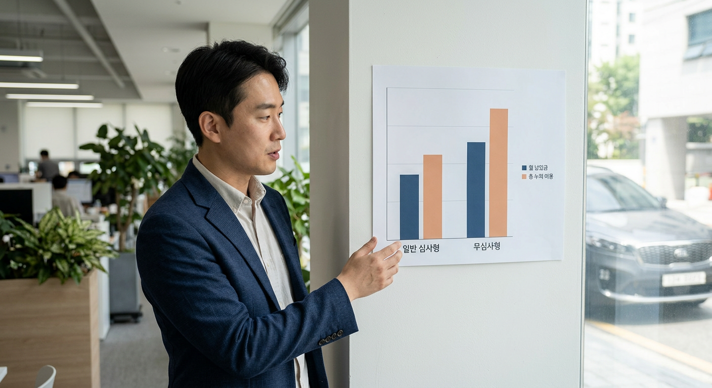 쏘렌토 48개월 이용 시 일반 심사형과 무심사형의 월 납입금 및 총 누적 비용 편차 비교 막대그래프 쏘렌토 무심사 장기렌트