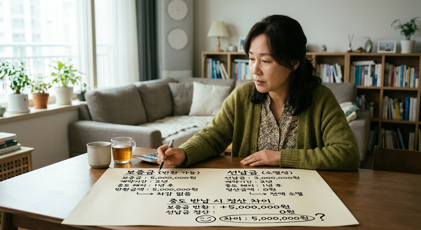 보증금(반환 가능)과 선납금(소멸성)의 중도 반납 시 정산 금액 차이 비교 차트