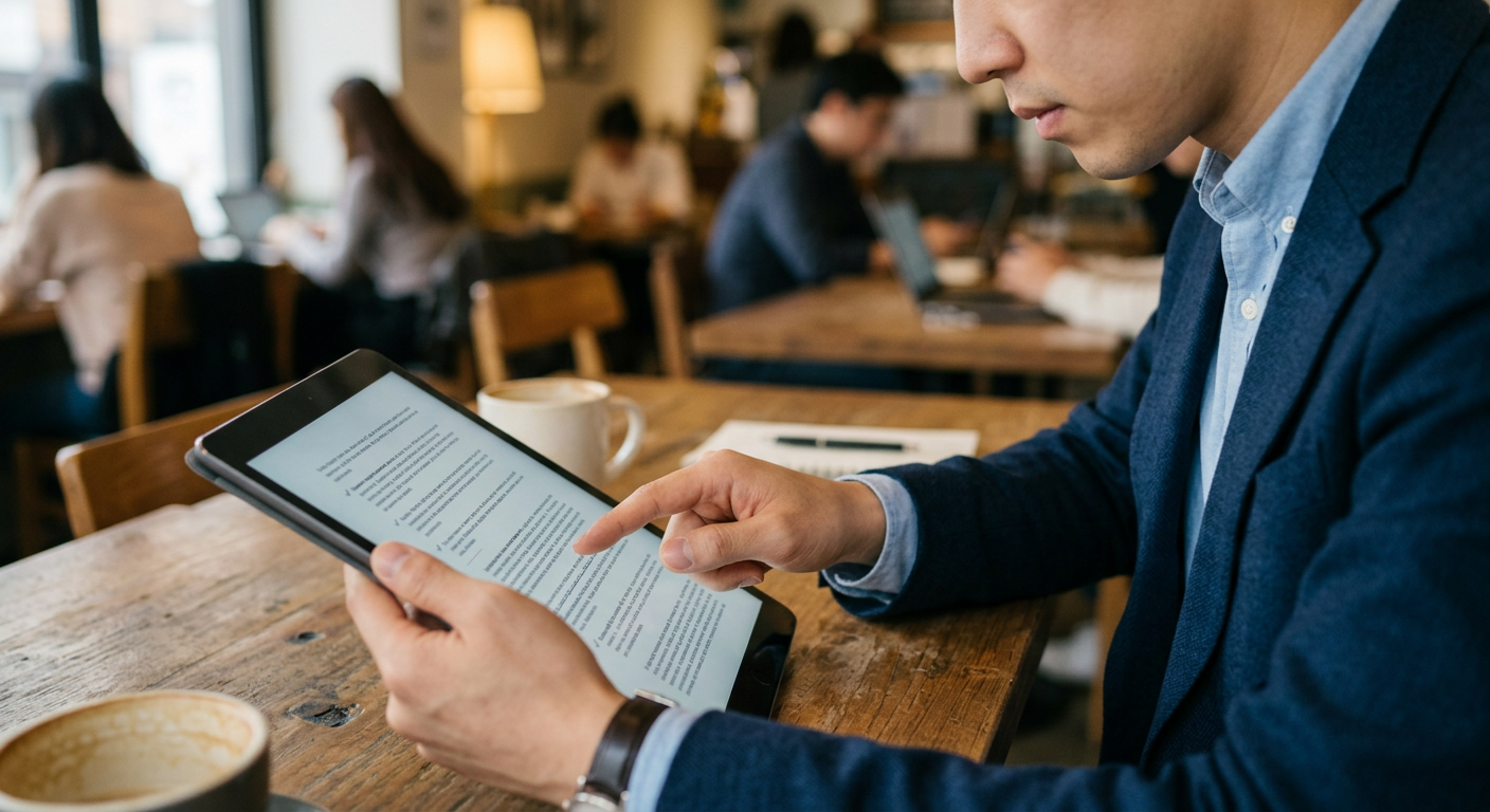 비즈니스 캐주얼 차림의 남성이 태블릿 화면의 디지털 계약서 조건을 하나하나 꼼꼼히 확인하고 있는 손 모양 중심의 클로즈업 사진 기아 K3 장기렌트