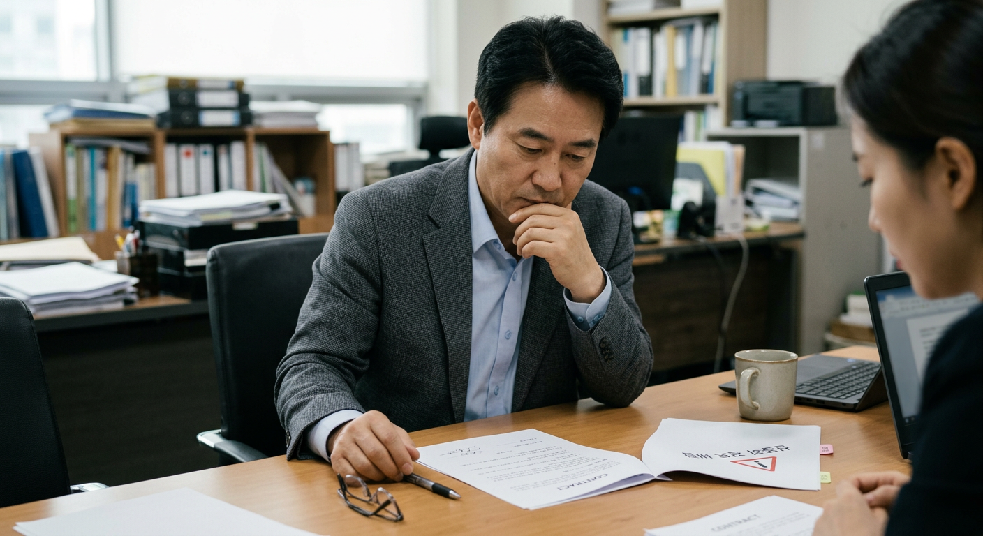 계약서와 경고 마크가 그려진 신중한 계약 유도 일러스트