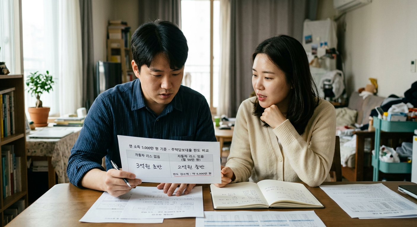 연 소득 5,000만 원 기준, 리스 유무에 따른 주택담보대출 한도 감소액 비교