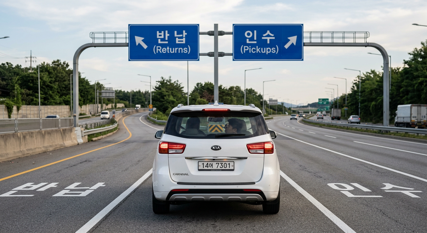 분기점에서 도로 표지판을 보며 반납과 인수라는 두 가지 방향을 고민하는 자동차의 뒷모습 일러스트