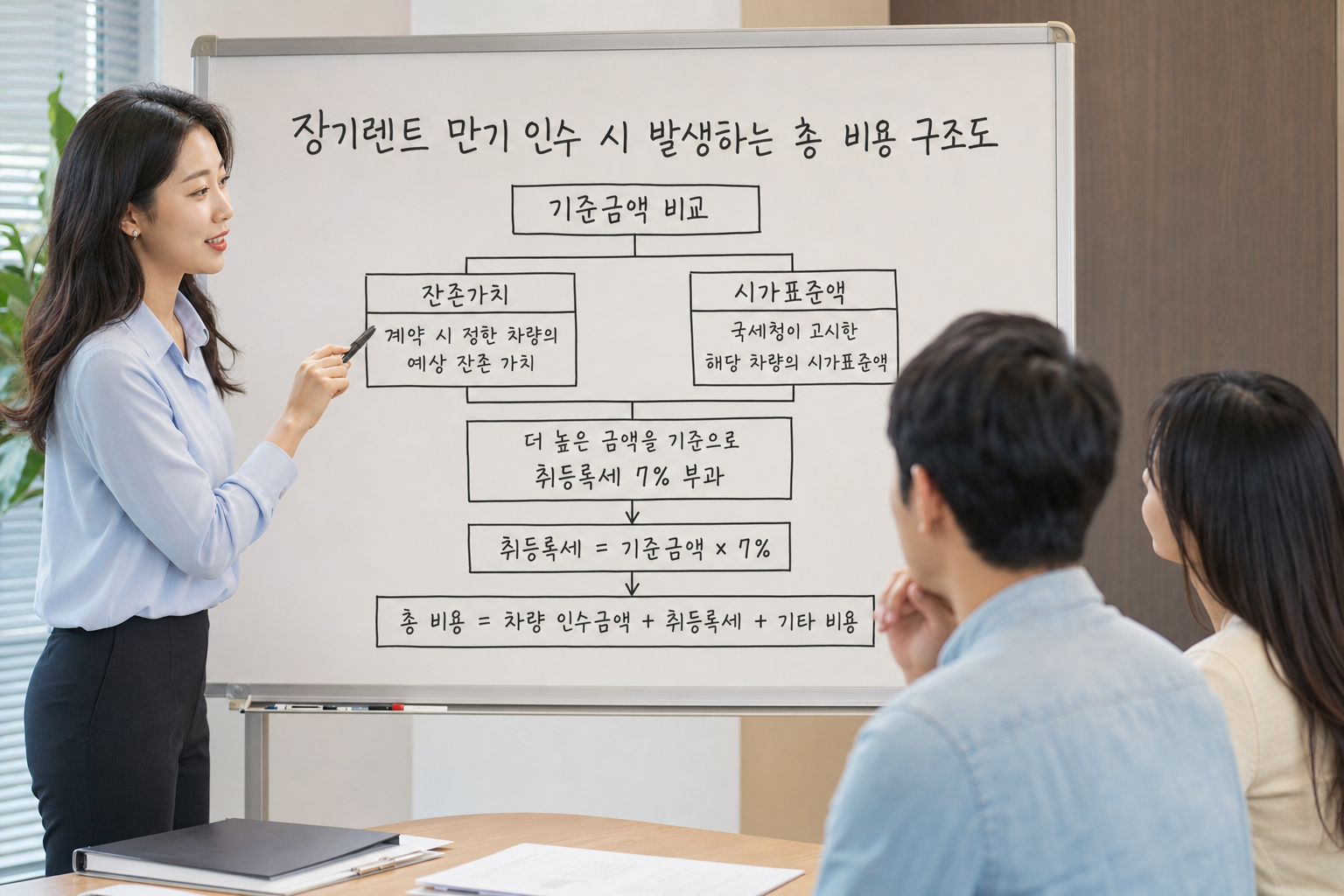 장기렌트 만기 인수 시 발생하는 총 비용 구조도 (잔존가치와 시가표준액을 비교해 더 높은 금액 기준으로 부과되는 취등록세 7% 계산 흐름도) 장기렌트 인수 반납