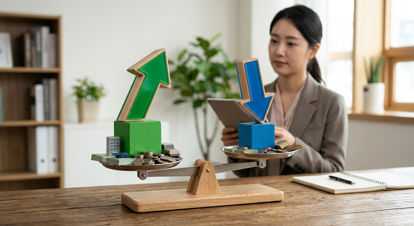 인수와 반납의 가치 차이를 직관적인 화살표와 저울로 표현한 3D 그래픽 장기렌트 인수 반납