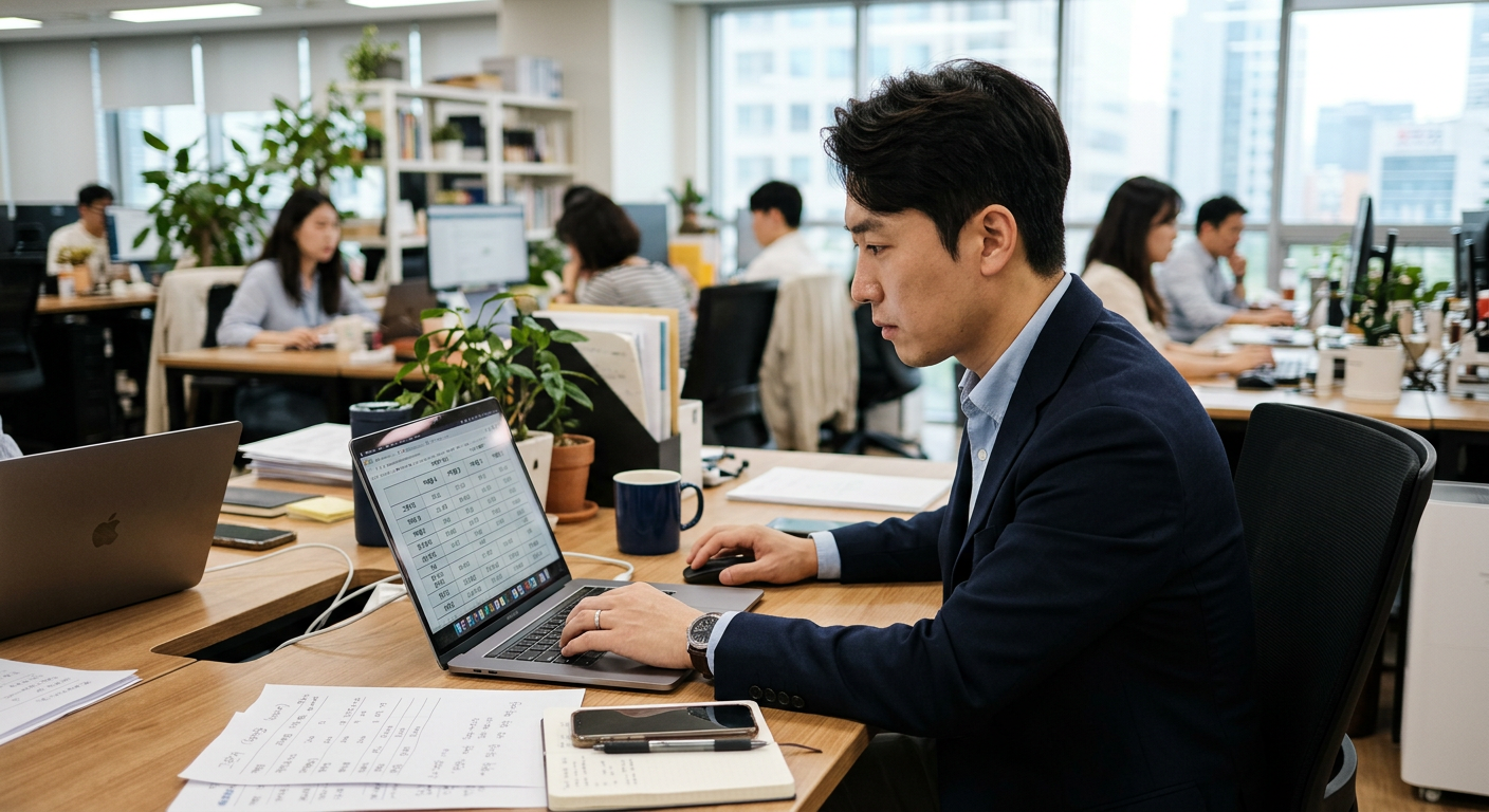 직장인 남성이 노트북으로 캐피탈사별 그랜저 장기렌트 견적을 비교 분석하는 모습 그랜저 장기렌트 선납금