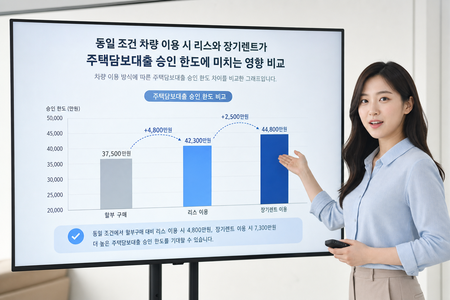 동일 조건 차량 이용 시 리스와 장기렌트가 주택담보대출 승인 한도에 미치는 영향 비교 그래프 장기렌트 DSR