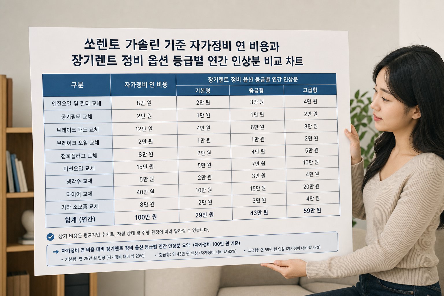 쏘렌토 가솔린 기준 자가정비 연 비용과 장기렌트 정비 옵션 등급별 연간 인상분 비교 차트 장기렌트 정비포함