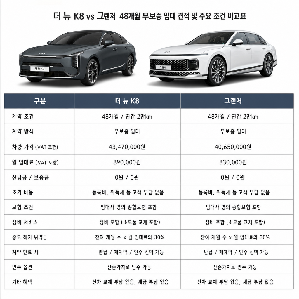 더 뉴 K8 vs 그랜저 48개월 무보증 임대 견적 및 주요 조건 비교표 K8 장기렌트 견적