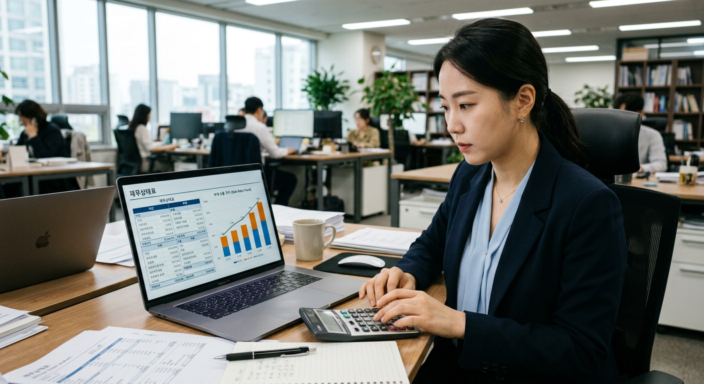 노트북 화면에 재무상태표 부채 비율 그래프를 띄워놓고 계산기로 산출하는 회계사의 모습 K8 법인 장기렌트